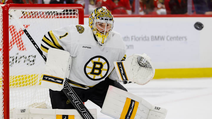 May 14, 2024; Sunrise, Florida, USA; Boston Bruins goaltender Jeremy Swayman (1) defends his net against the Florida Panthers during the second period in game five of the second round of the 2024 Stanley Cup Playoffs at Amerant Bank Arena. Mandatory Credit: Sam Navarro-Imagn Images