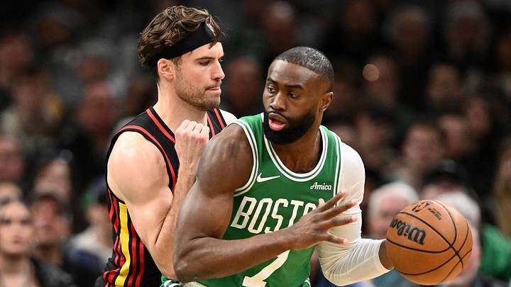 Jan 28, 2026; Boston, Massachusetts, USA; Boston Celtics guard Jaylen Brown (7) controls the ball against against the Atlanta Hawks during the first half at the TD Garden. Mandatory Credit: Brian Fluharty-Imagn Images