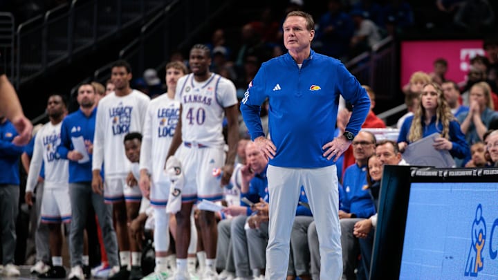 Mar 12, 2026; Kansas City, MO, USA; Kansas Jayhawks coach Bob Self watches game play during the second half against the TCU Horned Frogs at T-Mobile Center. Mandatory Credit: William Purnell-Imagn Images