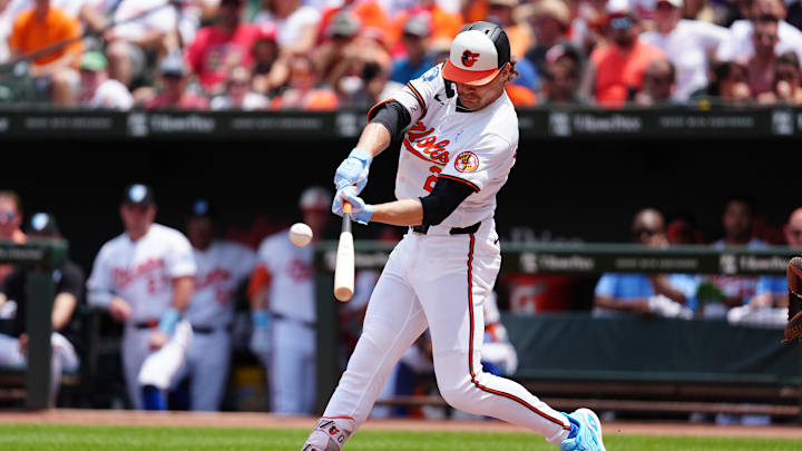 Baltimore Orioles shortstop Gunnar Henderson (2) hits a home run against the Philadelphia Phillies during the first inning at Oriole Park at Camden Yards on June 16.