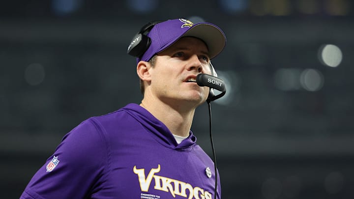 Dec 25, 2025; Minneapolis, Minnesota, USA; Minnesota Vikings head coach Kevin O'Connell looks on in the second quarter against the Detroit Lions at U.S. Bank Stadium. Mandatory Credit: Matt Krohn-Imagn Images