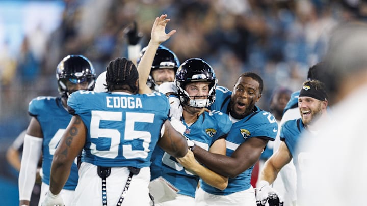 Aug 9, 2025; Jacksonville, Florida, USA; Jacksonville Jaguars kicker Cam Little (39) celebrates a 70-yard field goal completion with safety Rayuan Lane III (25) against the Pittsburgh Steelers during the second quarter at EverBank Stadium. Mandatory Credit: Morgan Tencza-Imagn Images Aug 9, 2025; Jacksonville, Florida, USA; Jacksonville Jaguars kicker Cam Little (39) celebrates a 70-yard field goal completion with safety Rayuan Lane III (25) against the Pittsburgh Steelers during the second quarter at EverBank Stadium. Mandatory Credit: Morgan Tencza-Imagn Images
