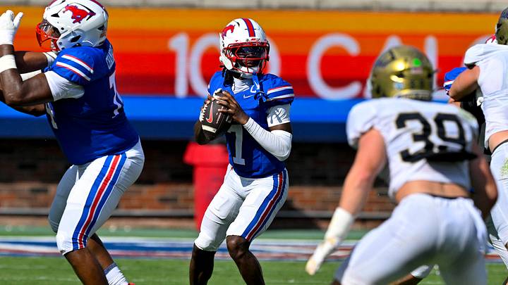 Sep 12, 2026; Dallas, Texas, USA; SMU Mustangs quarterback Kevin Jennings (7) drops back to pass against the UC Davis Aggies during the second quarter at Gerald J. Ford Stadium. Mandatory Credit: Jerome Miron-Imagn Images Sep 12, 2026; Dallas, Texas, USA; SMU Mustangs quarterback Kevin Jennings (7) drops back to pass against the UC Davis Aggies during the second quarter at Gerald J. Ford Stadium. Mandatory Credit: Jerome Miron-Imagn Images