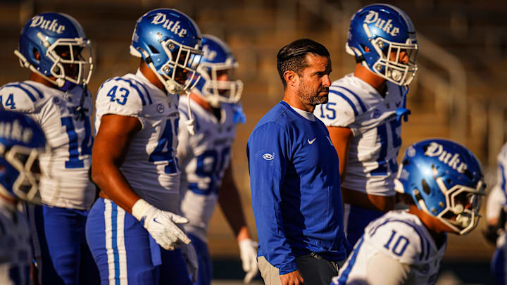 Nov 8, 2025; East Hartford, Connecticut, USA; Duke Blue Devils head coach Manny Diaz on the field for warm up before the start of the game against the UConn Huskies at Pratt & Whitney Stadium at Rentschler Field. Mandatory Credit: David Butler II-Imagn Images
