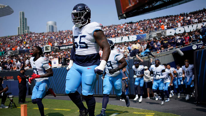 Tennessee Titans offensive tackle JC Latham (55) takes the field against the Chicago Bears at Soldier Field in Chicago, Ill., Sunday, Sept. 8, 2024.