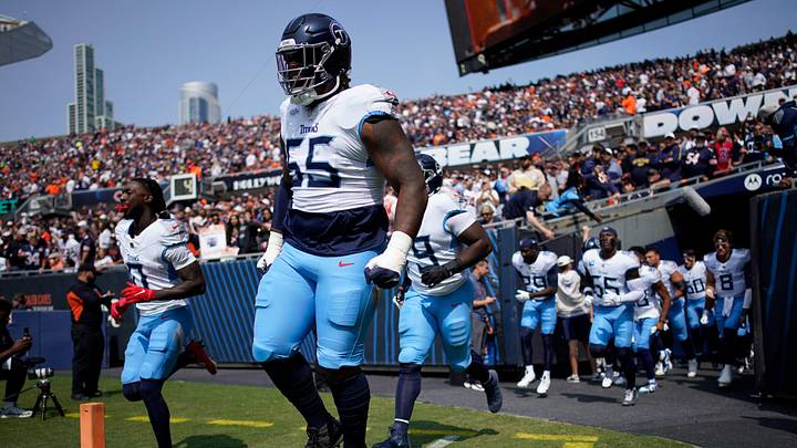 Tennessee Titans offensive tackle JC Latham (55) takes the field against the Chicago Bears at Soldier Field in Chicago, Ill., Sunday, Sept. 8, 2024.