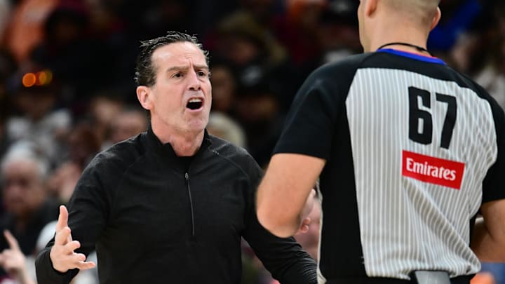 Jan 19, 2026; Cleveland, Ohio, USA; Cleveland Cavaliers head coach Kenny Atkinson argues a call with referee Brandon Adair (67) during the second against the Oklahoma City Thunder half at Rocket Arena. Mandatory Credit: Ken Blaze-Imagn Images Jan 19, 2026; Cleveland, Ohio, USA; Cleveland Cavaliers head coach Kenny Atkinson argues a call with referee Brandon Adair (67) during the second against the Oklahoma City Thunder half at Rocket Arena. Mandatory Credit: Ken Blaze-Imagn Images