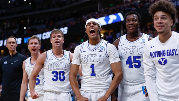Mar 20, 2025; Denver, CO, USA; The Brigham Young Cougars bench celebrates during the second half against the VCU Rams in the first round of the NCAA Tournament at Ball Arena. Mandatory Credit: Isaiah J. Downing-Imagn Images