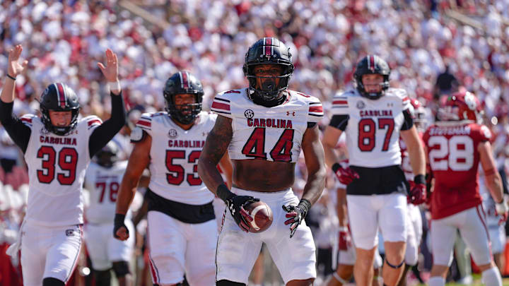 South Carolina Gamecocks tight end Maurice Brown II celebrates after scoring a 2-point conversion during a college football game between the University of Oklahoma Sooners (OU) and the South Carolina Gamecocks at Gaylord Family - Oklahoma Memorial Stadium in Norman, Okla., Saturday, Oct. 19, 2024. South Carolina Gamecocks tight end Maurice Brown II celebrates after scoring a 2-point conversion during a college football game between the University of Oklahoma Sooners (OU) and the South Carolina Gamecocks at Gaylord Family - Oklahoma Memorial Stadium in Norman, Okla., Saturday, Oct. 19, 2024.