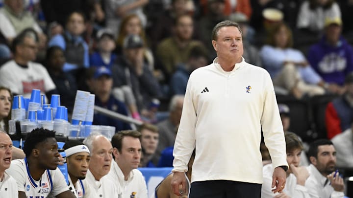 Mar 20, 2025; Providence, RI, USA;  Kansas Jayhawks head coach Bill Self looks on during the first half against the Arkansas Razorbacks at Amica Mutual Pavilion. Mandatory Credit: Eric Canha-Imagn Images
