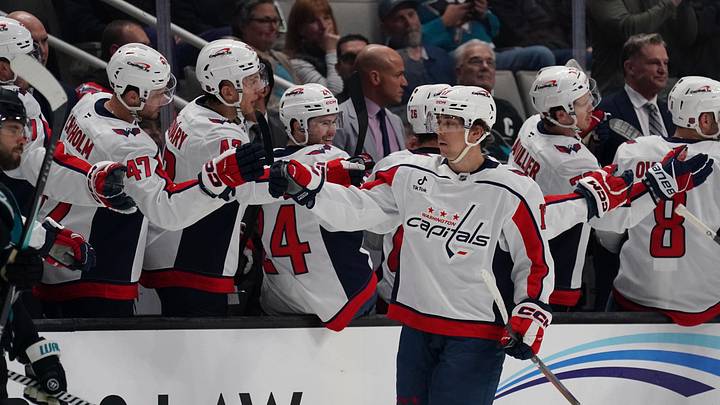 Dec 3, 2025; San Jose, California, USA; Washington Capitals center Dylan Strome (17) celebrates with his teammates on the bench after scoring a goal against the San Jose Sharks in the second period at SAP Center in San Jose. Mandatory Credit: David Gonzales-Imagn Images