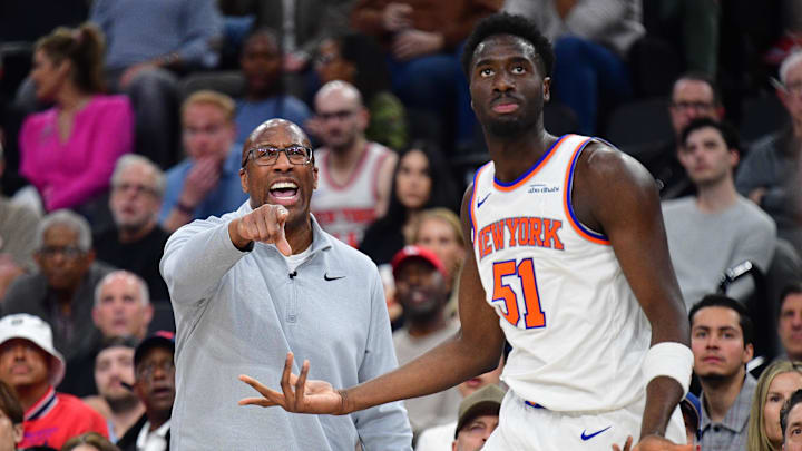 Mar 9, 2026; Inglewood, California, USA; New York Knicks head coach Mike Brown watches game action as forward Mohamed Diawara (51) reacts during the second half at Intuit Dome. Mandatory Credit: Gary A. Vasquez-Imagn Images