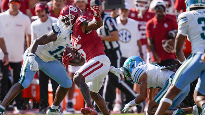 Oklahoma Sooners wide receiver Deion Burks (6) runs after a reception during a college football game between the University of Oklahoma Sooners (OU) and the Tulane Green Wave at Gaylord Family - Oklahoma Memorial Stadium in Norman, Okla., Saturday, Sept. 14, 2024.