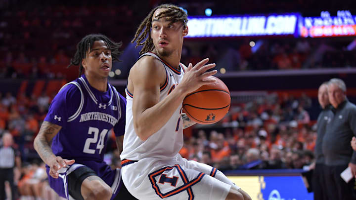Jan 26, 2025; Champaign, Illinois, USA; Illinois Fighting Illini guard Dra Gibbs-Lawhorn (2) looks to pass as Northwestern Wildcats guard K.J. Windham (24) pressures during the second half at State Farm Center. Mandatory Credit: Ron Johnson-Imagn Images Jan 26, 2025; Champaign, Illinois, USA; Illinois Fighting Illini guard Dra Gibbs-Lawhorn (2) looks to pass as Northwestern Wildcats guard K.J. Windham (24) pressures during the second half at State Farm Center. Mandatory Credit: Ron Johnson-Imagn Images
