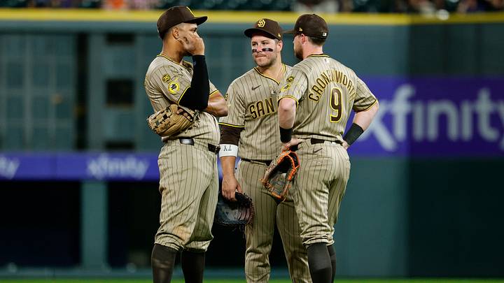 Sep 14, 2026; Denver, Colorado, USA; San Diego Padres shortstop Xander Bogaerts (2) and first baseman Ty France (25) and second baseman Jake Cronenworth (9) in the fifth inning against the Colorado Rockies at Coors Field. Mandatory Credit: Isaiah J. Downing-Imagn Images Sep 14, 2026; Denver, Colorado, USA; San Diego Padres shortstop Xander Bogaerts (2) and first baseman Ty France (25) and second baseman Jake Cronenworth (9) in the fifth inning against the Colorado Rockies at Coors Field. Mandatory Credit: Isaiah J. Downing-Imagn Images