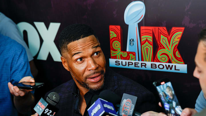 Feb 6, 2025; New Orleans, LA, USA; Fox Sports NFL Sunday pregame analyst Michael Strahan during a Fox Sports media party in advance of Super Bowl LIX at Convention Center. Mandatory Credit: Stephen Lew-Imagn Images 