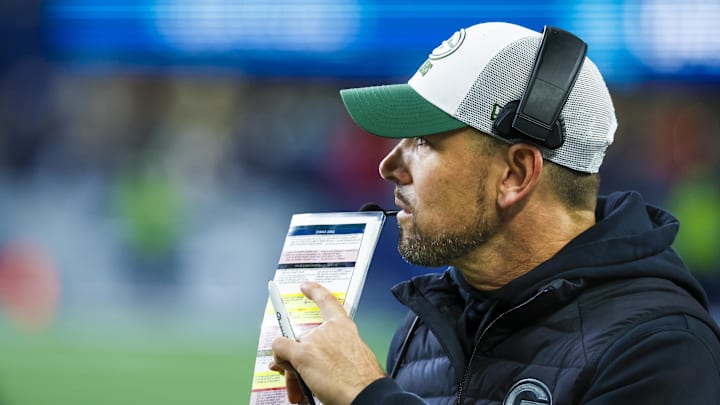 Dec 15, 2024; Seattle, Washington, USA; Green Bay Packers head coach Matt LaFleur stands on the sideline during the fourth quarter at Lumen Field. Mandatory Credit: Joe Nicholson-Imagn Images
