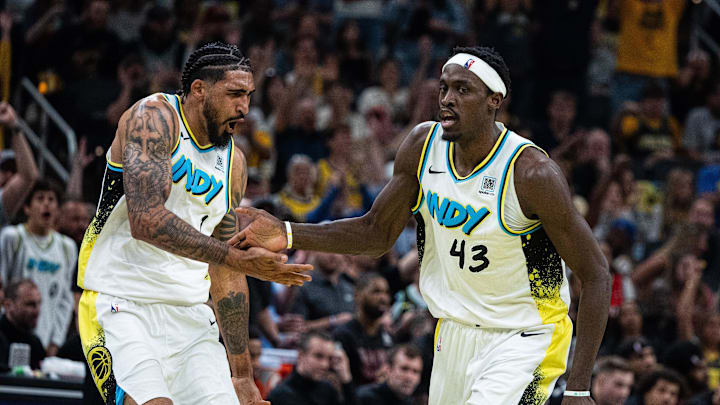 May 11, 2025; Indianapolis, Indiana, USA; Indiana Pacers forward Pascal Siakam (43) and forward Obi Toppin (1) celebrate a made basket during game four of the second round for the 2025 NBA Playoffs against the Cleveland Cavaliers at Gainbridge Fieldhouse. Mandatory Credit: Trevor Ruszkowski-Imagn Images