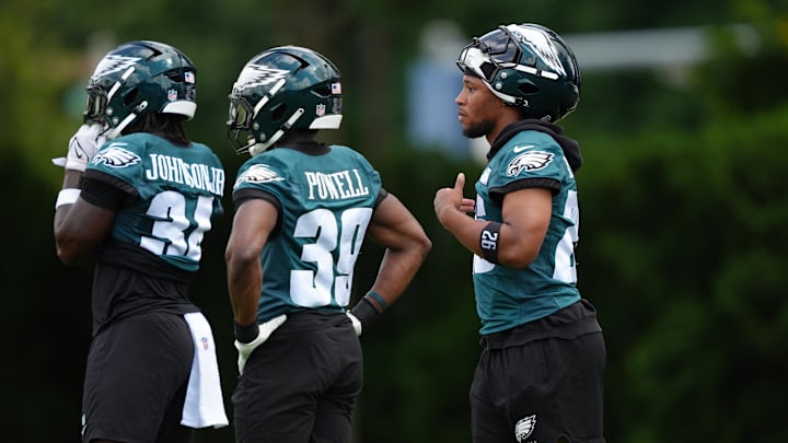 Jun 10, 2025; Philadelphia, PA, USA; Philadelphia Eagles running back Saquon Barkley (26) looks on during a practice drill at NovaCare Complex. Mandatory Credit: Kyle Ross-Imagn Images