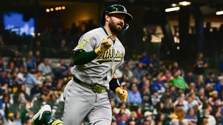 Apr 19, 2025; Milwaukee, Wisconsin, USA; Athletics catcher Shea Langeliers (23) gestures after hitting a solo home run in the ninth inning against the Milwaukee Brewers at American Family Field. Mandatory Credit: Benny Sieu-Imagn Images Apr 19, 2025; Milwaukee, Wisconsin, USA; Athletics catcher Shea Langeliers (23) gestures after hitting a solo home run in the ninth inning against the Milwaukee Brewers at American Family Field. Mandatory Credit: Benny Sieu-Imagn Images