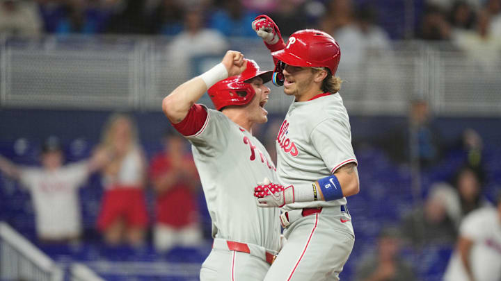 Jun 18, 2025; Miami, Florida, USA; Philadelphia Phillies second baseman Bryson Stott, right, celebrates his three-run home run against the Miami Marlins with teammate Max Kepler (17) in the fourth inning at loanDepot Park. Jun 18, 2025; Miami, Florida, USA; Philadelphia Phillies second baseman Bryson Stott, right, celebrates his three-run home run against the Miami Marlins with teammate Max Kepler (17) in the fourth inning at loanDepot Park.