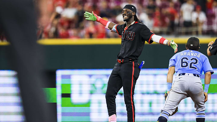 Jul 25, 2025; Cincinnati, Ohio, USA; Cincinnati Reds shortstop Elly De La Cruz (44) reacts after hitting a double in the eighth inning against the Tampa Bay Rays at Great American Ball Park. Mandatory Credit: Katie Stratman-Imagn Images