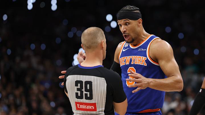 New York Knicks guard Josh Hart (3) argues with referee Tyler Ford (39) at a stoppage in play against the San Antonio Spurs during game five of the 2026 NBA Finals at Frost Bank Center. New York Knicks guard Josh Hart (3) argues with referee Tyler Ford (39) at a stoppage in play against the San Antonio Spurs during game five of the 2026 NBA Finals at Frost Bank Center.