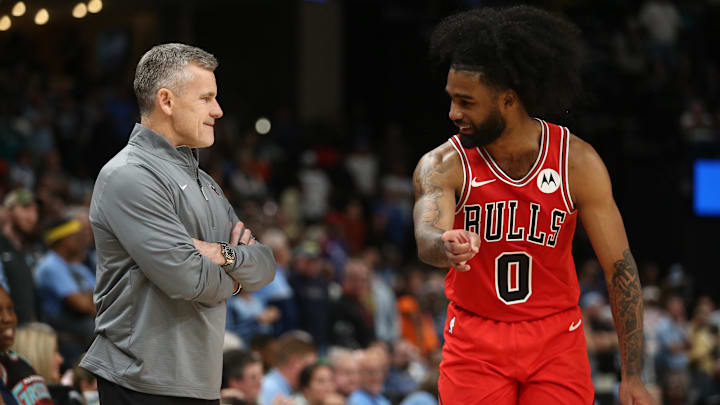 Oct 28, 2024; Memphis, Tennessee, USA; Chicago Bulls head coach Billy Donovan talks with guard Coby White (0) during the second half against the Memphis Grizzlies at FedExForum. Mandatory Credit: Petre Thomas-Imagn Images