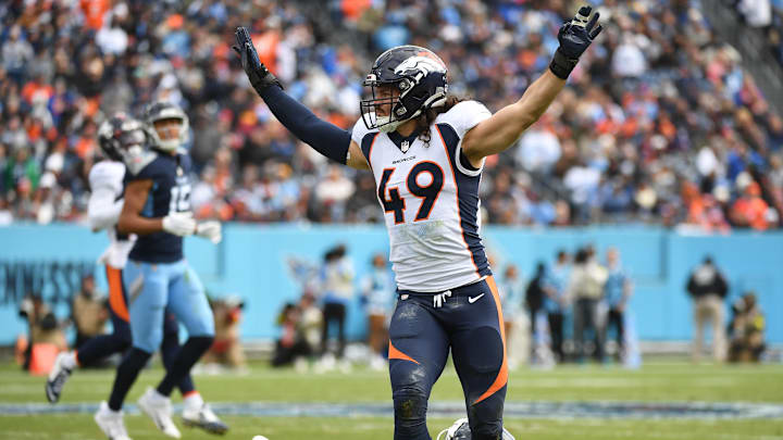 Nov 13, 2022; Nashville, Tennessee, USA; Denver Broncos linebacker Alex Singleton (49) celebrates