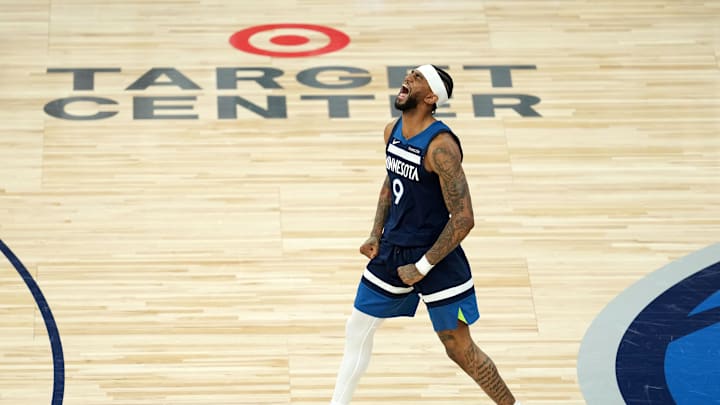 May 26, 2025; Minneapolis, Minnesota, USA; Minnesota Timberwolves guard Nickeil Alexander-Walker (9) reacts against the Oklahoma City Thunder in the second half during game four of the western conference finals for the 2025 NBA Playoffs at Target Center. Mandatory Credit: Jesse Johnson-Imagn Images