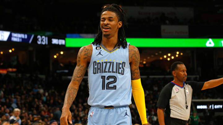 Nov 7, 2022; Memphis, Tennessee, USA; Memphis Grizzlies guard Ja Morant (12) during the second half against the Boston Celtics at FedExForum. Mandatory Credit: Petre Thomas-USA TODAY Sports