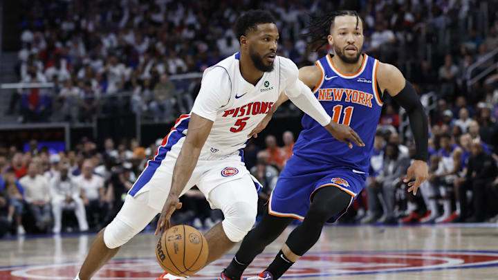 Apr 24, 2025; Detroit, Michigan, USA; Detroit Pistons guard Malik Beasley (5) dribbles on New York Knicks guard Jalen Brunson (11) in the second half during game three of first round for the 2024 NBA Playoffs at Little Caesars Arena. Mandatory Credit: Rick Osentoski-Imagn Images
