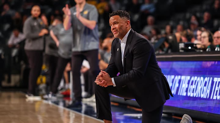 Mar 4, 2026; Atlanta, Georgia, USA; Georgia Tech Yellow Jackets head coach Damon Stoudamire during the game against the California Golden Bears during the second half at McCamish Pavilion. Mandatory Credit: Jordan Godfree-Imagn Images