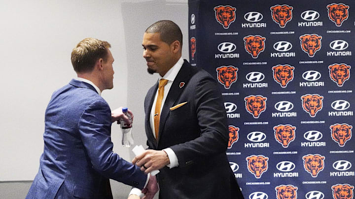 Chicago Bears head cach Ben Johnson and general manager Ryan Poles.