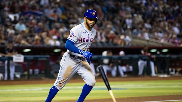 Jul 5, 2023; Phoenix, Arizona, USA; New York Mets outfielder Tommy Pham against the Arizona Diamondbacks at Chase Field. Mandatory Credit: Mark J. Rebilas-Imagn Images