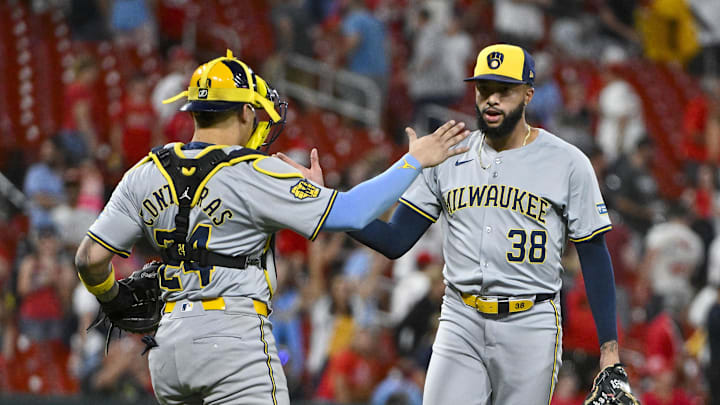 Aug 20, 2024; St. Louis, Missouri, USA;  Milwaukee Brewers relief pitcher Devin Williams (38) celebrates with catcher William Contreras (24) after the Brewers defeated the St. Louis Cardinals at Busch Stadium. Mandatory Credit: Jeff Curry-Imagn Images