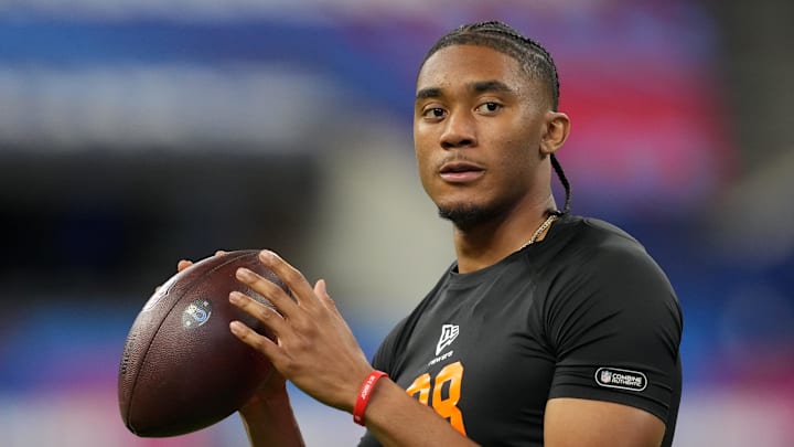 Feb 28, 2026; Indianapolis, IN, USA; Arkansas quarterback Taylen Green (QB08) during the NFL Scouting Combine at Lucas Oil Stadium. Mandatory Credit: Kirby Lee-Imagn Images