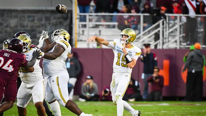 Oct 17, 2026; Blacksburg, Virginia, USA; Georgia Tech Yellow Jackets quarterback Alberto Mendoza (15) throws a pass during the fourth quarter against the Virginia Tech Hokies at Lane Stadium. Mandatory Credit: Brian Bishop-Imagn Images Oct 17, 2026; Blacksburg, Virginia, USA; Georgia Tech Yellow Jackets quarterback Alberto Mendoza (15) throws a pass during the fourth quarter against the Virginia Tech Hokies at Lane Stadium. Mandatory Credit: Brian Bishop-Imagn Images