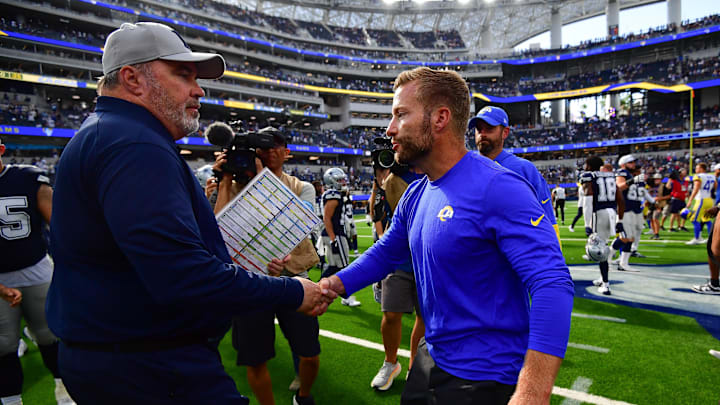 Aug 11, 2024; Inglewood, California, USA; Dallas Cowboys head coach Mike McCarthy meets with Los Angeles Rams head coach Sean McVay following the game at SoFi Stadium. Mandatory Credit: Gary A. Vasquez-USA TODAY Sports