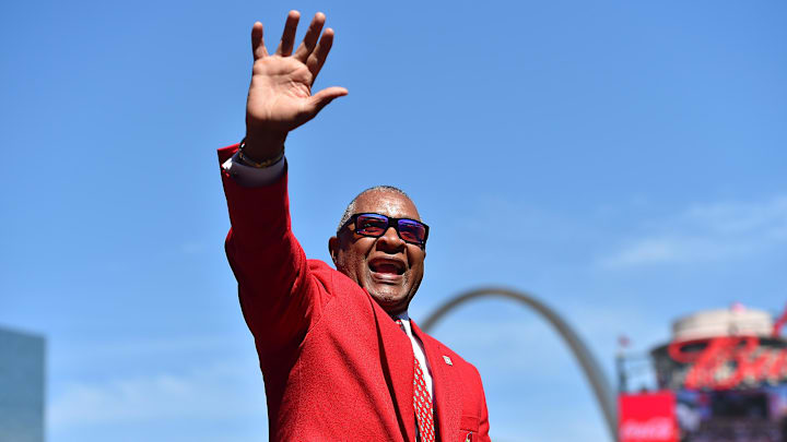 Apr 11, 2016; St. Louis, MO, USA; St. Louis Cardinals former player Ozzie Smith waives to fans before a game between the St. Louis Cardinals and the Milwaukee Brewers at Busch Stadium. Mandatory Credit: Jasen Vinlove-Imagn Images
