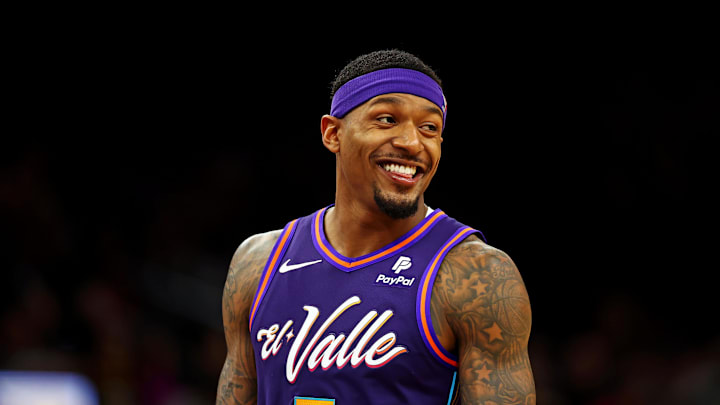 Jan 3, 2024; Phoenix, Arizona, USA; Phoenix Suns guard Bradley Beal (3) reacts during the third quarter against the LA Clippers at Footprint Center. Mandatory Credit: Mark J. Rebilas-Imagn Images