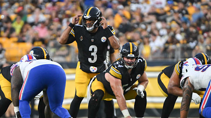 Aug 17, 2024; Pittsburgh, Pennsylvania, USA;  Pittsburgh Steelers quarterback Russell Wilson (3) calls out a coverage while waiting for center Zach Frazier (54) to snap the ball against the Buffalo Bills during the first quarter at Acrisure Stadium. Mandatory Credit: Barry Reeger-Imagn Images