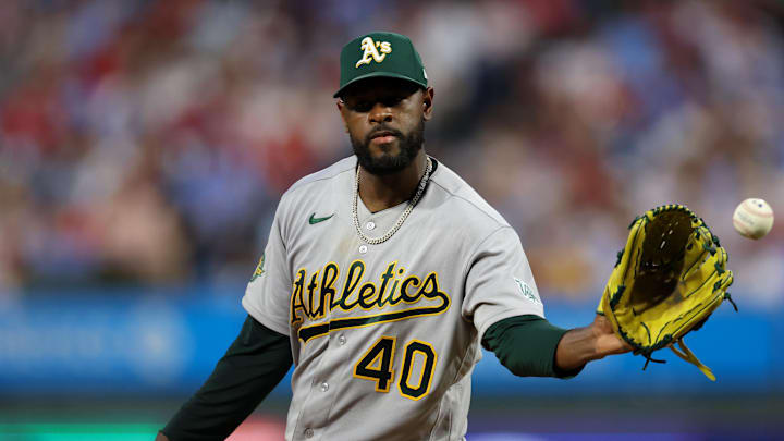 May 5, 2026; Philadelphia, Pennsylvania, USA; Athletics pitcher Luis Severino (40) prepares to pitch against the Philadelphia Phillies during the fifth inning at Citizens Bank Park. Mandatory Credit: Bill Streicher-Imagn Images