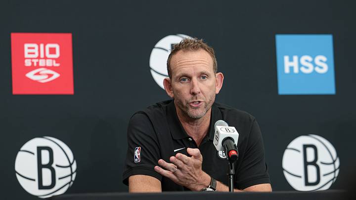 Sep 26, 2022; Brooklyn, NY, USA; Brooklyn Nets general manager Sean Marks talks to the media during media day at HSS Training Center. Mandatory Credit: Vincent Carchietta-USA TODAY Sports Sep 26, 2022; Brooklyn, NY, USA; Brooklyn Nets general manager Sean Marks talks to the media during media day at HSS Training Center. Mandatory Credit: Vincent Carchietta-USA TODAY Sports
