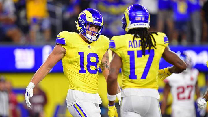 Sep 21, 2026; Inglewood, California, USA; Los Angeles Rams tight end Terrance Ferguson (18) celebrates with wide receiver Davante Adams (17) after a touchdown during the fourth quarter against the New York Giants at SoFi Stadium. Mandatory Credit: Gary A. Vasquez-Imagn Images Sep 21, 2026; Inglewood, California, USA; Los Angeles Rams tight end Terrance Ferguson (18) celebrates with wide receiver Davante Adams (17) after a touchdown during the fourth quarter against the New York Giants at SoFi Stadium. Mandatory Credit: Gary A. Vasquez-Imagn Images
