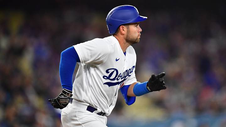 Apr 17, 2023; Los Angeles, California, USA; Los Angeles Dodgers catcher Austin Wynns (29) runs after hitting a two run RBI double against the New York Mets during the second inning at Dodger Stadium. Mandatory Credit: Gary A. Vasquez-Imagn Images