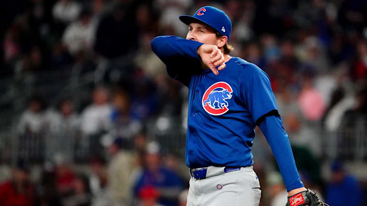 May 13, 2024; Cumberland, Georgia, USA; Chicago Cubs pitcher Hayden Wesneski (19) reacts after giving up two runs against the Atlanta Braves in the bottom of the sixth inning at Truist Park. Mandatory Credit: John David Mercer-USA TODAY Sports