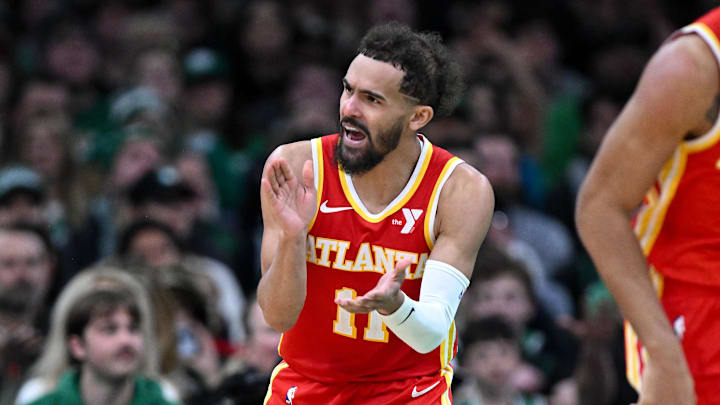 `Jan 18, 2025; Boston, Massachusetts, USA; Atlanta Hawks guard Trae Young (11) reacts after scoring against the Boston Celtics during the fourth quarter at the TD Garden. Mandatory Credit: Brian Fluharty-Imagn Images