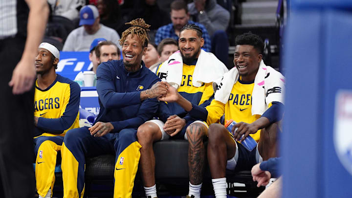 Mar 14, 2025; Philadelphia, Pennsylvania, USA; Indiana Pacers forward James Johnson (16), forward Obi Toppin (1), and center Thomas Bryant (3) react against the Philadelphia 76ers in the fourth quarter at Wells Fargo Center. Mandatory Credit: Kyle Ross-Imagn Images