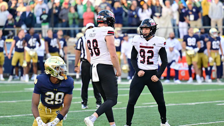 Sep 7, 2024; South Bend, Indiana, USA; Northern Illinois Huskies kicker Kanon Woodill (92) reacts after kicking the game winning field goal in the fourth quarter against the Notre Dame Fighting Irish at Notre Dame Stadium. The Huskies won 16-14. Mandatory Credit: Matt Cashore-Imagn Images